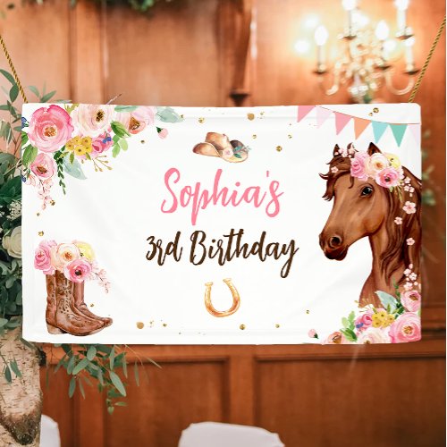 Horse Birthday Girl Cowgirl Pink Floral Party Banner