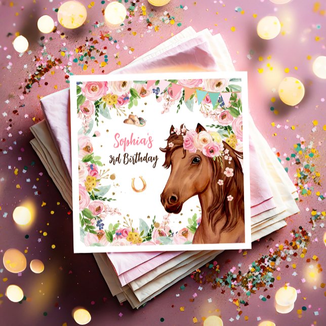 Horse Birthday Girl Cowgirl Pink Floral Party Napkins (Creator Uploaded)