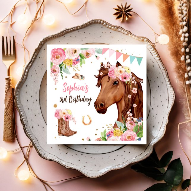Horse Birthday Girl Cowgirl Pink Floral Party Napkins (Creator Uploaded)