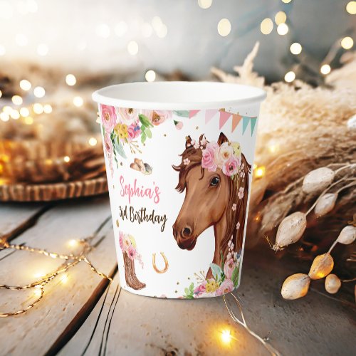 Horse Birthday Girl Cowgirl Pink Floral Party Paper Cups