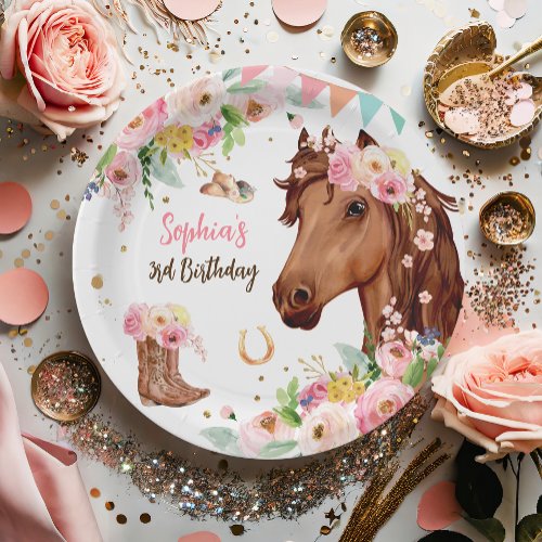 Horse Birthday Girl Cowgirl Pink Floral Party Paper Plates
