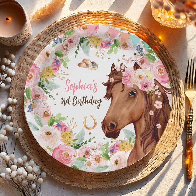 Horse Birthday Girl Cowgirl Pink Floral Party Paper Plates (Creator Uploaded)