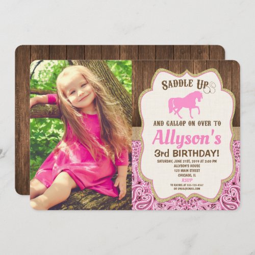Horse birthday girl pink gold rustic photo invitation