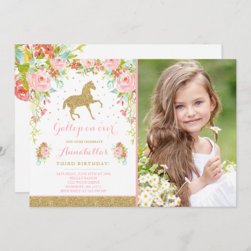 Horse Birthday Invitation Floral Pink Gold Horse