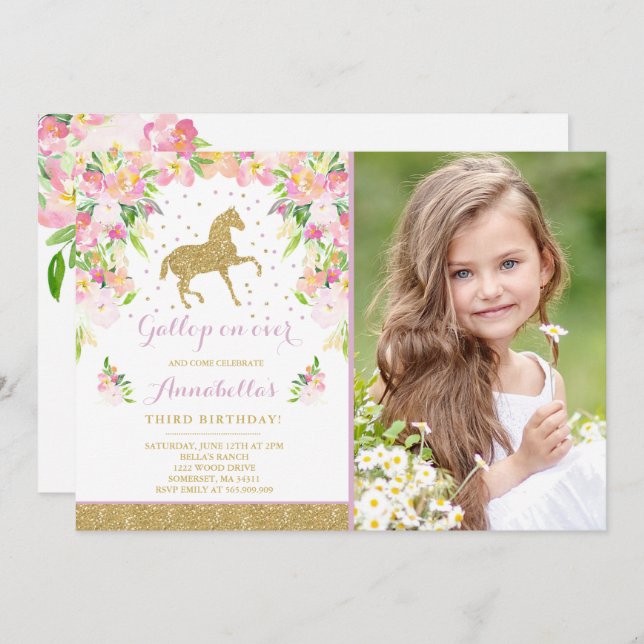 Horse Birthday Invitation Floral Pink Gold Horse (Front/Back)