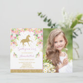 Horse Birthday Invitation Floral Pink Gold Horse (Standing Front)