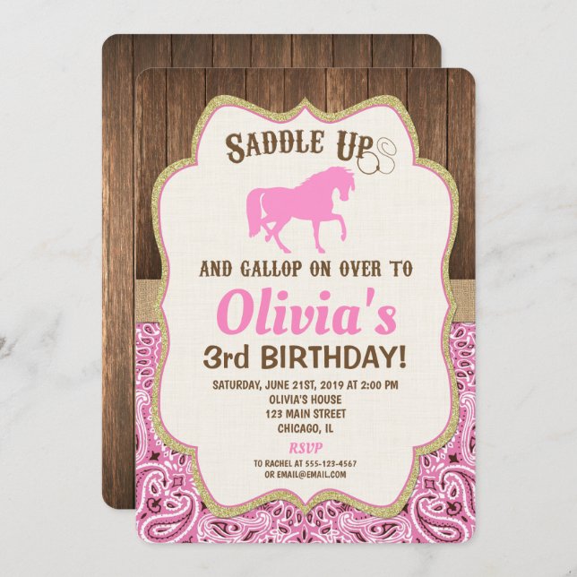 Horse birthday invitation girl pink gold rustic (Front/Back)