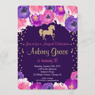 Horse birthday invitation, pink purple gold invitation
