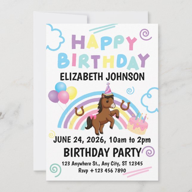Horse Birthday Invitation White (Front)