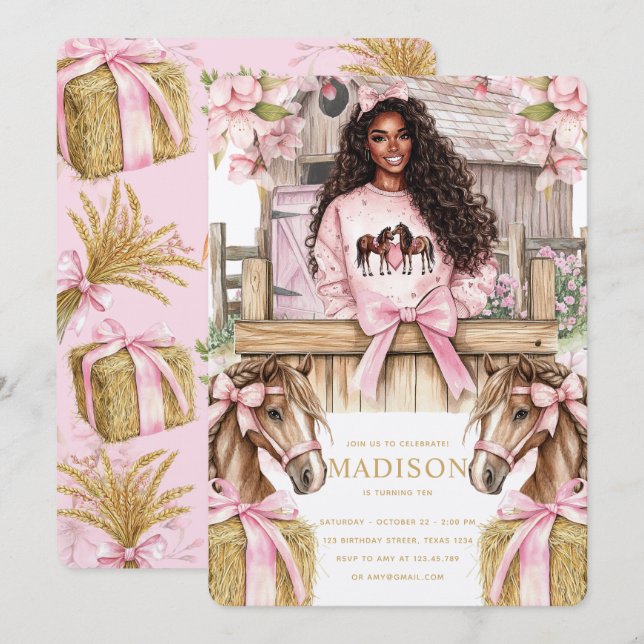 Horse Birthday Invitation with Black Girl (Front/Back)