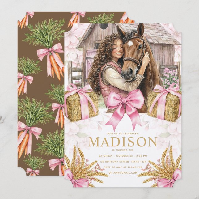 Horse Birthday Invitation with brunette Girl (Front/Back)
