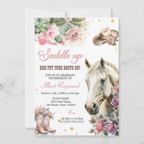Horse Birthday Invite Girl Cowgirl Pink Floral