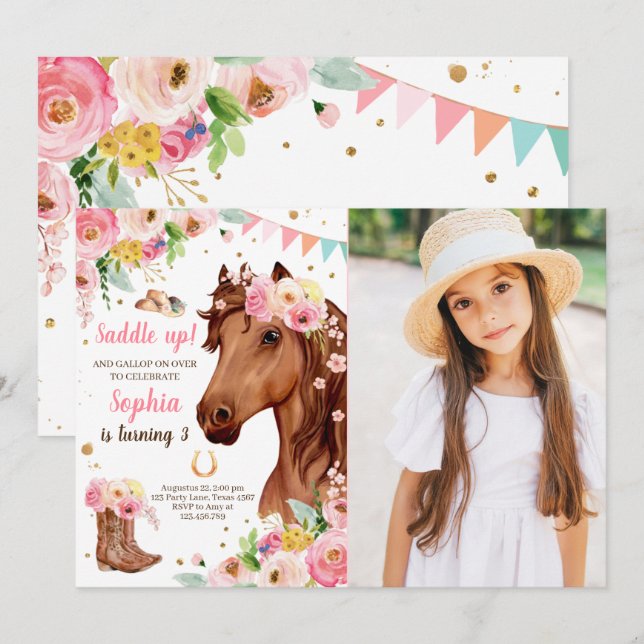 Horse Birthday Invite Girl Cowgirl Pink Floral (Front/Back)