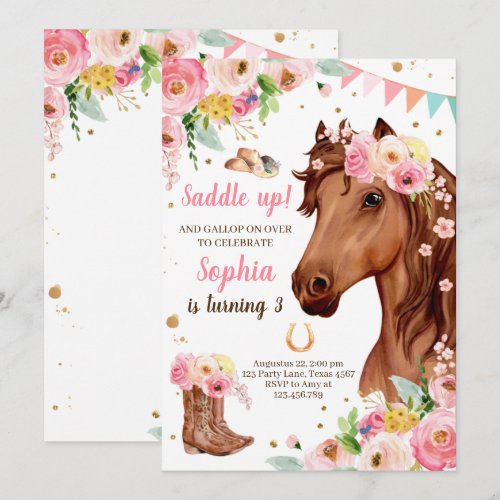 Horse Birthday Invite Girl Cowgirl Pink Floral
