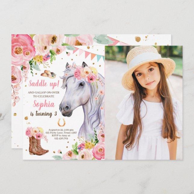 Horse Birthday Invite Girl Cowgirl Pink Floral (Front/Back)