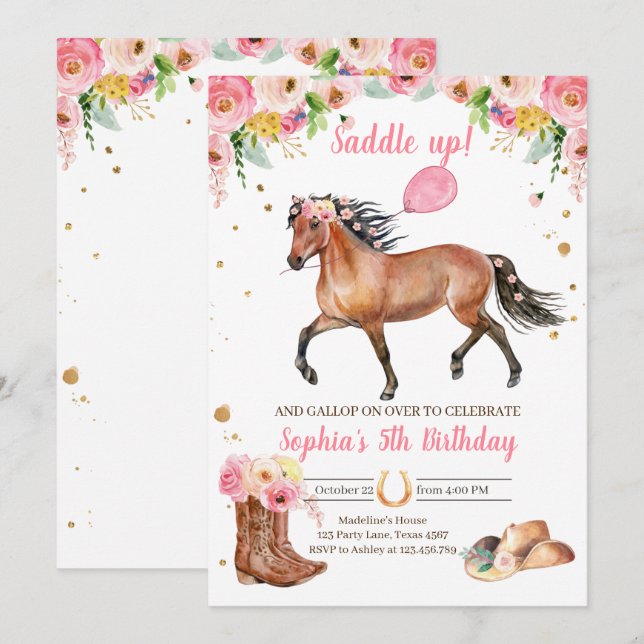 Horse Birthday Invite Girl Cowgirl Pink Floral (Front/Back)