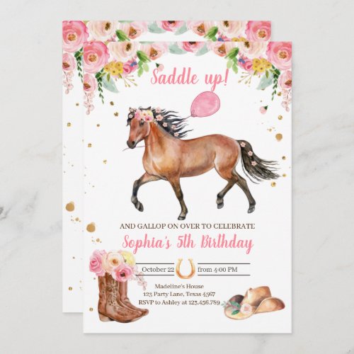 Horse Birthday Invite Girl Cowgirl Pink Floral