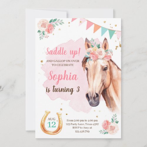 Horse Birthday Invite Girl Cowgirl Pink Watercolor