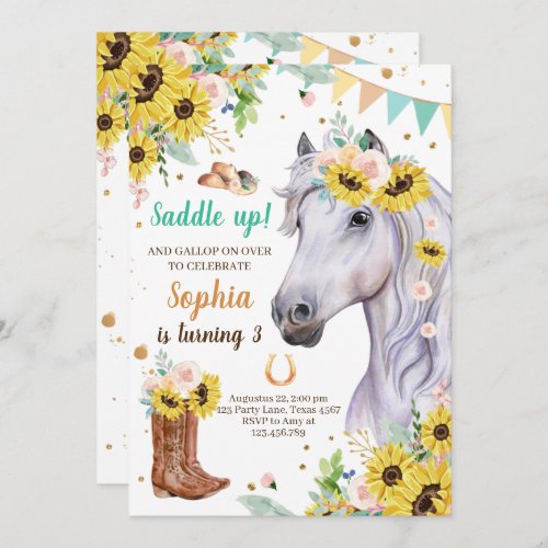 Horse Birthday Invite Girl Cowgirl Sunflowers Blue