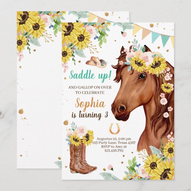 Horse Birthday Invite Girl Cowgirl Sunflowers Pony (Front/Back)
