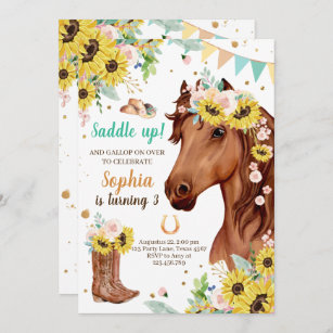 Horse Birthday Invite Girl Cowgirl Sunflowers Pony