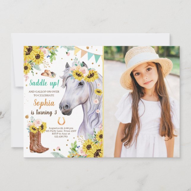 Horse Birthday Invite Girl Sunflowers Pony (Front)