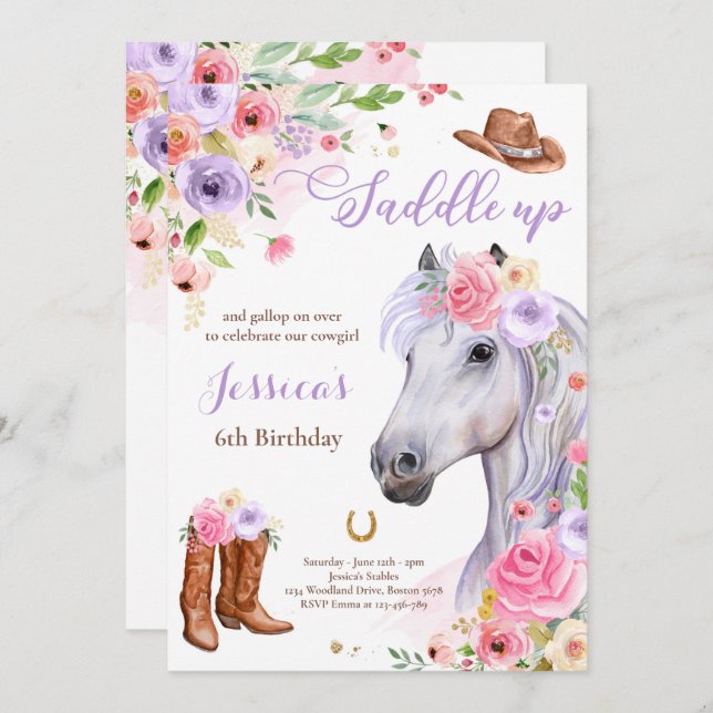 Horse Birthday Party Cowgirl Lilac Floral Birthday Invitation (Front/Back)