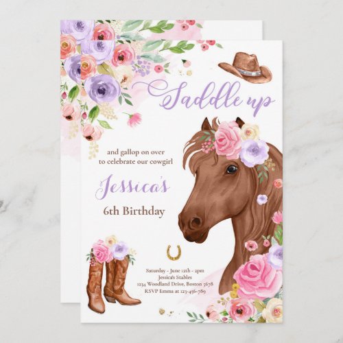 Horse Birthday Party Cowgirl Lilac Floral Birthday Invitation