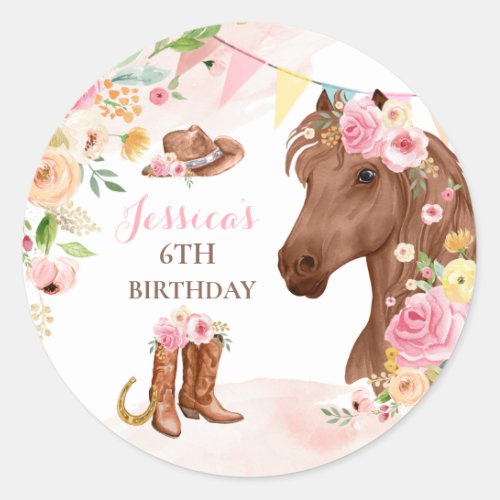 Horse Birthday Party Cowgirl Pink Floral Birthday Classic Round Sticker