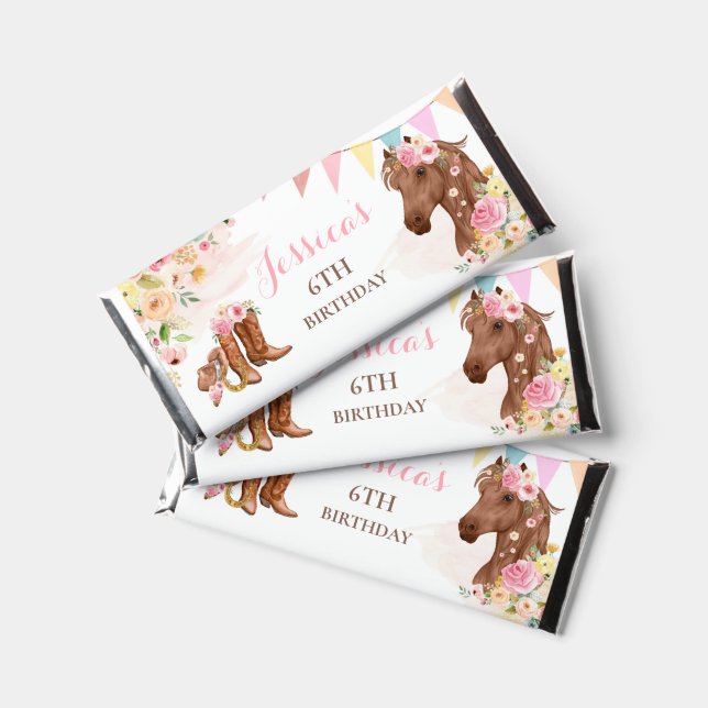 Horse Birthday Party Cowgirl Pink Floral Birthday Hershey Bar Favors (Front)