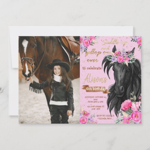 Horse Birthday Party Cowgirl Pink Floral Birthday Invitation