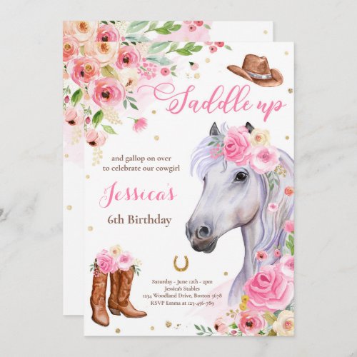 Horse Birthday Party Cowgirl Pink Floral Birthday Invitation