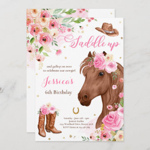Horse Birthday Party Cowgirl Pink Floral Birthday Invitation
