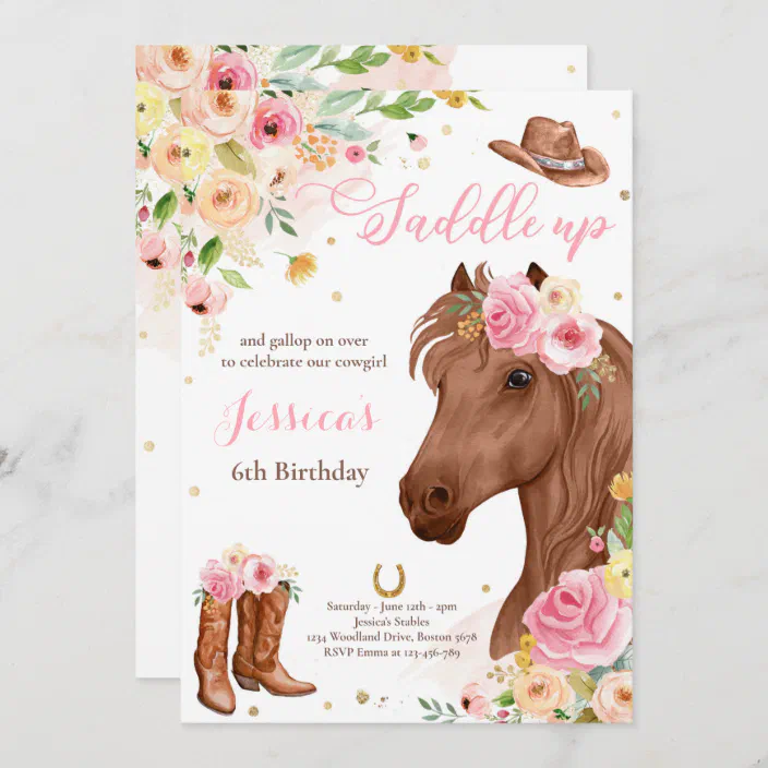 Personalized Pink Cowgirl Birthday Party Invitation for Horse Girl