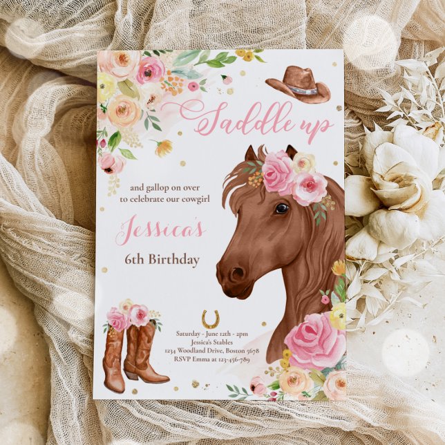 Horse Birthday Party Cowgirl Pink Floral Birthday  Invitation