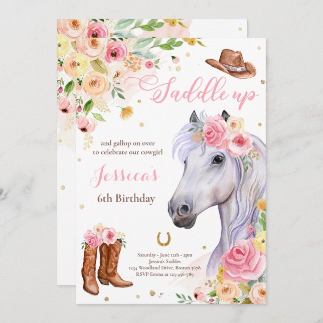 Horse Birthday Party Cowgirl Pink Floral Birthday  Invitation (Front/Back)