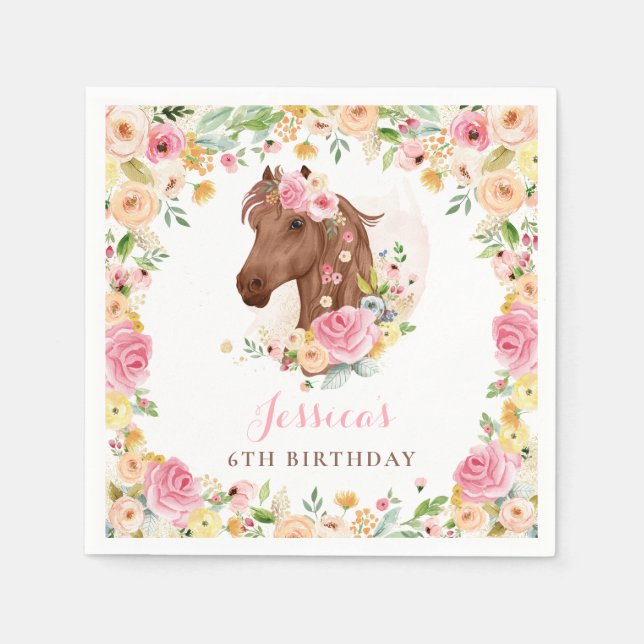 Horse Birthday Party Cowgirl Pink Floral Birthday Napkins (Front)