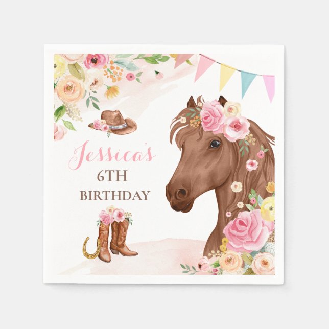 Horse Birthday Party Cowgirl Pink Floral Birthday Napkins (Front)