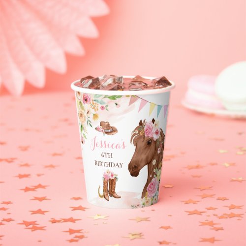Horse Birthday Party Cowgirl Pink Floral Birthday Paper Cups