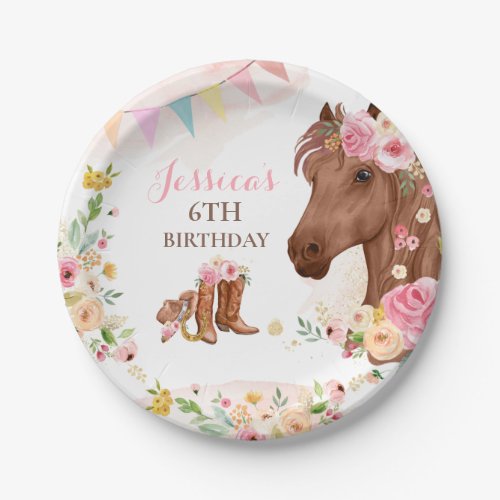 Horse Birthday Party Cowgirl Pink Floral Birthday Paper Plates