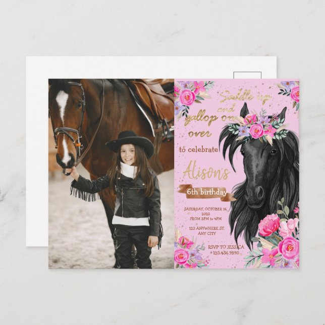 Horse Birthday Party Cowgirl Pink Floral Birthday Postcard (Front/Back)