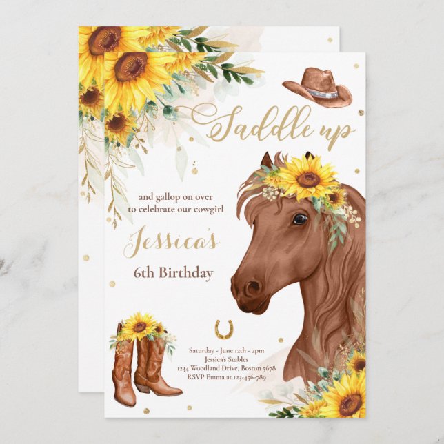 Horse Birthday Party Cowgirl Sunflower Birthday  I Invitation (Front/Back)