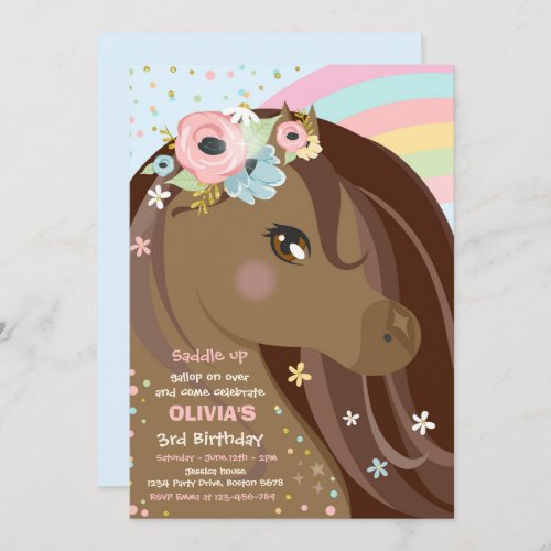 Horse Birthday Party Floral Pink Pony Birthday Invitation