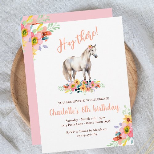 Horse Birthday Party Floral Pony Pink Invitation