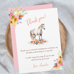 Horse Birthday Party Floral Pony Pink Thank You Card