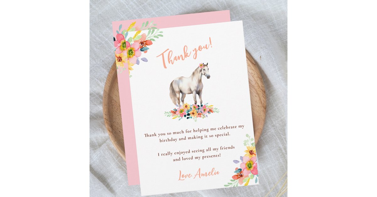 Horse Birthday Party Floral Pony Pink Thank You Card | Zazzle