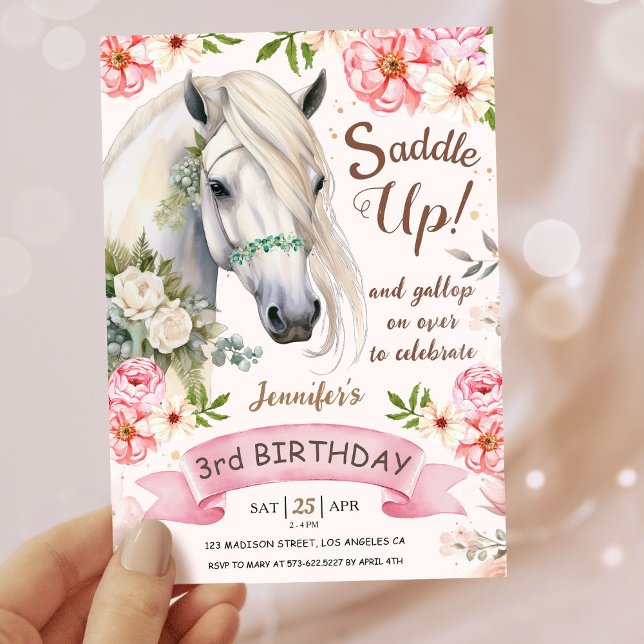 Horse Birthday Party Girls Pink 3rd Birthday Invitation (Creator Uploaded)