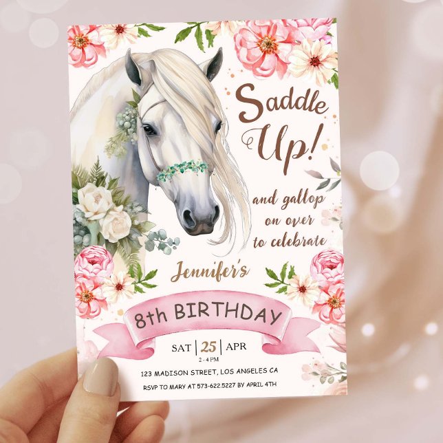 Horse Birthday Party Girls Pink 8th Birthday Invitation (Creator Uploaded)