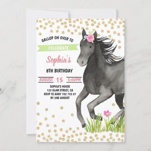 Horse Birthday Party Gold Glitter Pink Floral Invitation
