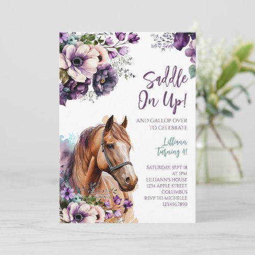 Horse Birthday Party Invitation Purple Flowers